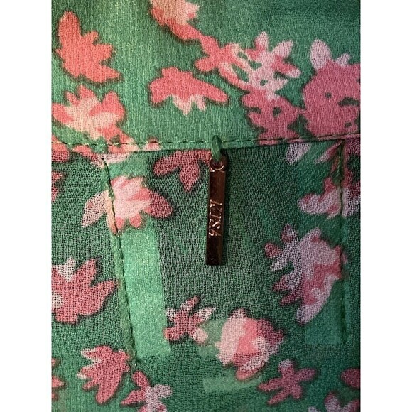 MISA Los Angeles SHEER LONG SLEEVE KELLY GREEN PINK FLORAL SzSMALL SILKY RUFFLES - Picture 4 of 5